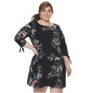 EVRI Plus Size Floral Printed Black Midi Shift Dress Knot Sleeve 0X 14W 16W